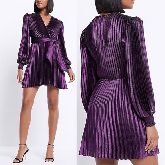 EXPRESS NWT Metallic Faux Wrap Tie Waist Pleated Mini Dress in Purple Onyx Sz. S - Picture 1 of 13